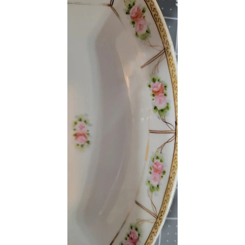 Nippon Hand Painted Art Porcelain Floral Gold Trim Oval Serving Bowl w/ Handles
